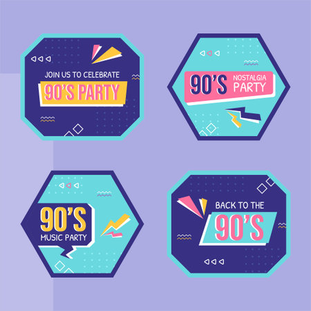 90s Retro Party Label Template Flat Cartoon Background Vector Illustrationのイラスト素材