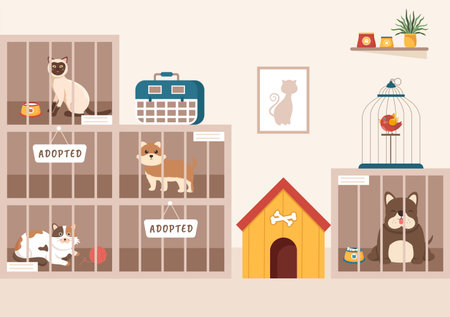 Animal Shelter Cartoon Illustration with Pets Sitting in Cages and Volunteers Feeding Animals for Adopting in Flat Hand Drawn Style Designのイラスト素材
