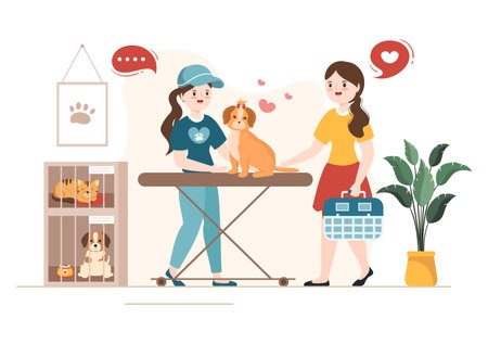 Animal Shelter Cartoon Illustration with Pets Sitting in Cages and Volunteers Feeding Animals for Adopting in Flat Hand Drawn Style Designのイラスト素材