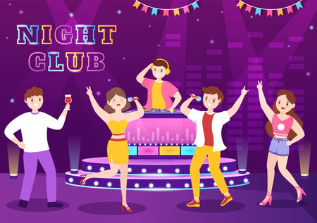 Night Club Cartoon Illustration with Nightlife like a Young People Drink Alcohol and Youth Dance Accompanied by Dj Music in Spotlightのイラスト素材