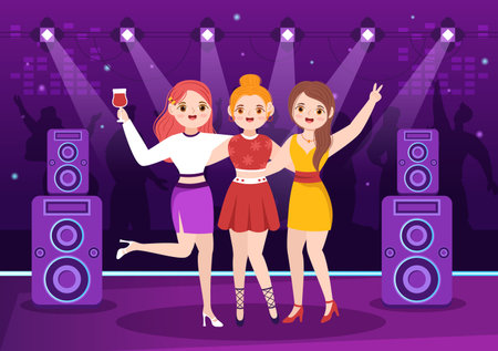 Night Club Cartoon Illustration with Nightlife like a Young People Drink Alcohol and Youth Dance Accompanied by Dj Music in Spotlightのイラスト素材