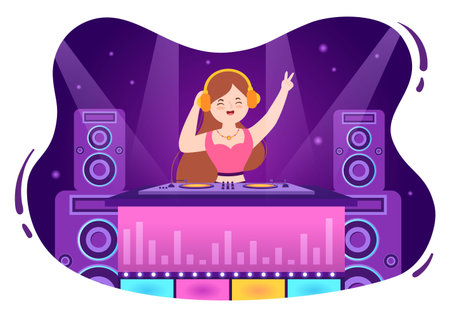Night Club Cartoon Illustration with Nightlife like a Young People Drink Alcohol and Youth Dance Accompanied by Dj Music in Spotlightのイラスト素材