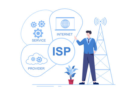 ISP or Internet Service Provider Cartoon Illustration with Keywords and Icons for Intranet Access, Secure Network Connection and Privacy Protectionのイラスト素材