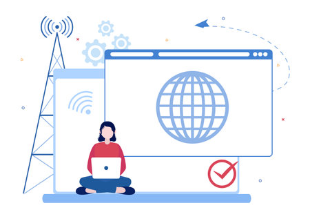 ISP or Internet Service Provider Cartoon Illustration with Keywords and Icons for Intranet Access, Secure Network Connection and Privacy Protectionのイラスト素材