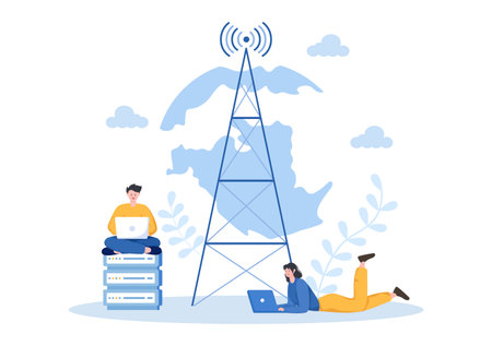 ISP or Internet Service Provider Cartoon Illustration with Keywords and Icons for Intranet Access, Secure Network Connection and Privacy Protectionのイラスト素材
