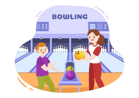 People Play Bowling Game Hand Drawn Cartoon Flat Design Illustration with Pins, Balls and Scoreboards in a Sport Club or Activity Competitionのイラスト素材