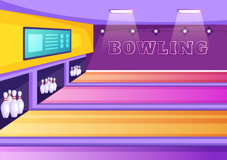Bowling Game Hand Drawn Cartoon Flat Background Design Illustration with Pins, Balls and Scoreboards in a Sport Club or Activity Competitionのイラスト素材