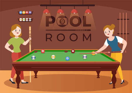 Billiards Game Hand Drawn Cartoon Flat Illustration with Player Pool Room with Stick, Cue Aiming at...