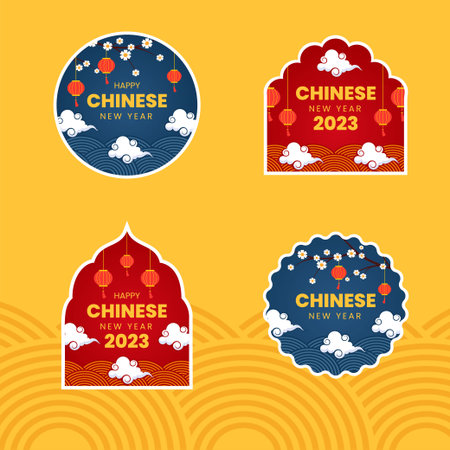 Happy Chinese New Year Label Copy Template Hand Drawn Cartoon Flat Illustrationのイラスト素材