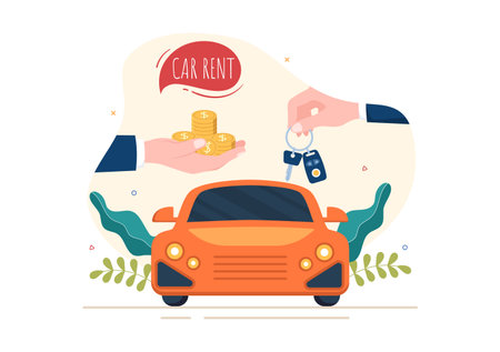 Car Rental, Booking Reservation and Sharing using Service Mobile Application with Route or Points Location in Hand Drawn Cartoon Flat Illustrationのイラスト素材