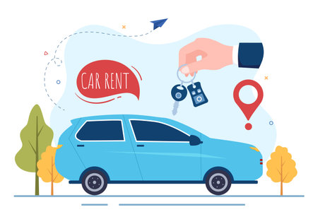 Car Rental, Booking Reservation and Sharing using Service Mobile Application with Route or Points Location in Hand Drawn Cartoon Flat Illustrationのイラスト素材