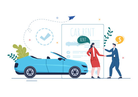 Car Rental, Booking Reservation and Sharing using Service Mobile Application with Route or Points Location in Hand Drawn Cartoon Flat Illustrationのイラスト素材
