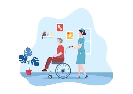 Elderly Care Services Hand Drawn Cartoon Flat Illustration with Caregiver, Nursing Home, Assisted Living and Support Designのイラスト素材