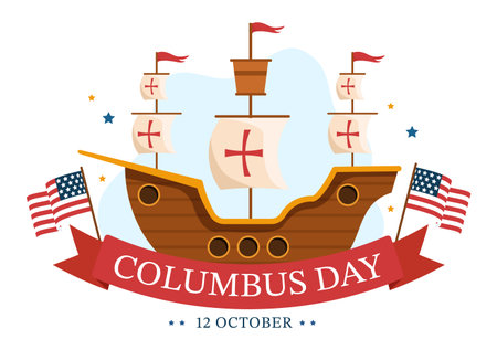 Happy Columbus Day National Holiday Hand Drawn Cartoon Illustration with Blue Waves, Compass, Ship and USA Flags in Flat Style Backgroundのイラスト素材