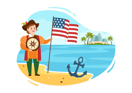 Happy Columbus Day National Holiday Hand Drawn Cartoon Illustration with Blue Waves, Compass, Ship and USA Flags in Flat Style Backgroundのイラスト素材