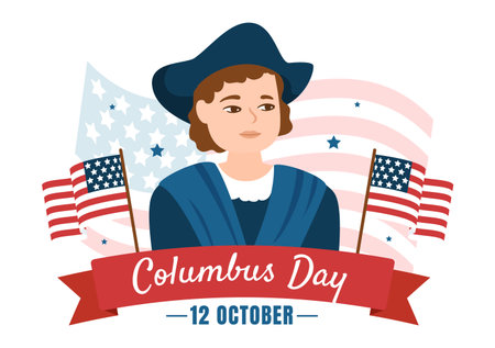 Happy Columbus Day National Holiday Hand Drawn Cartoon Illustration with Blue Waves, Compass, Ship and USA Flags in Flat Style Backgroundのイラスト素材