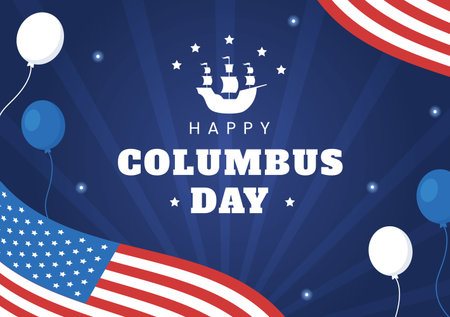 Happy Columbus Day National Holiday Hand Drawn Cartoon Illustration with Blue Waves, Compass, Ship and USA Flags in Flat Style Backgroundのイラスト素材