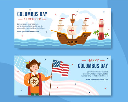 Happy Columbus Day Horizontal Banner Template Hand Drawn Cartoon Flat Illustrationのイラスト素材
