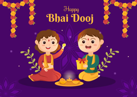 Happy Bhai Dooj Indian Festival Celebration Hand Drawn Cartoon Illustration of Sisters Pray for Brothers Protection with a Dot on His Foreheadのイラスト素材