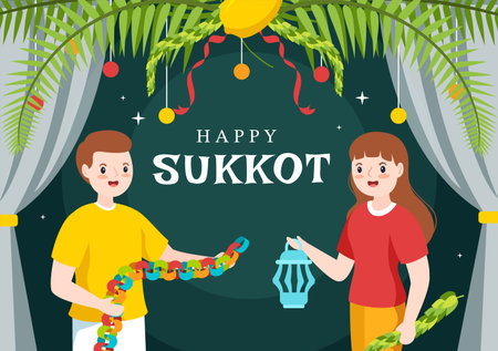 Happy Jewish Holiday Sukkot Hand Drawn Cartoon Flat Illustration with Sukkah, Etrog, Lulav, Arava, Hadas and Decoration Background Designのイラスト素材