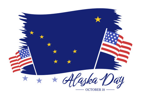 Happy Alaska Day on October 18 Hand Drawn Cartoon Flat Illustration with Flag Waving in Winter Landscape in Template for Banner or Posterのイラスト素材