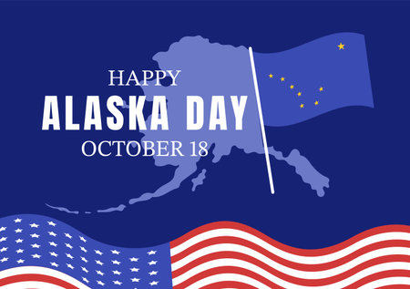 Happy Alaska Day on October 18 Hand Drawn Cartoon Flat Illustration with Flag Waving in Winter Landscape in Template for Banner or Posterのイラスト素材