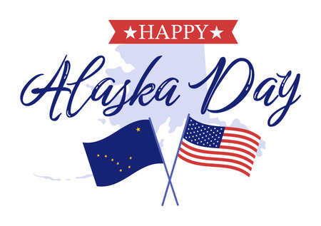 Happy Alaska Day on October 18 Hand Drawn Cartoon Flat Illustration with Flag Waving in Winter Landscape in Template for Banner or Posterのイラスト素材