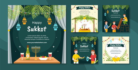 Jewish Holiday Sukkot Social Media Post Template Hand Drawn Cartoon Flat Illustrationのイラスト素材