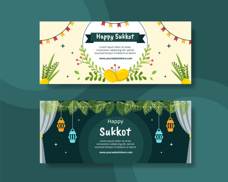 Jewish Holiday Sukkot Horizontal Banner Template Hand Drawn Cartoon Flat Illustrationのイラスト素材