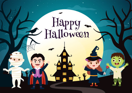 Happy Halloween Template Background Hand Drawn Cartoon Flat Illustration with Children Wearing Various Costumes, Haunted House, Pumpkins, Bats and Full Moonのイラスト素材