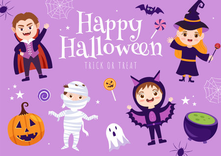 Happy Halloween Template Background Hand Drawn Cartoon Flat Illustration with Children Wearing Various Costumes, Haunted House, Pumpkins, Bats and Full Moonのイラスト素材
