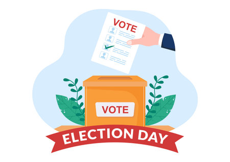 Election Day Political Hand Drawn Cartoon Flat Illustration with Voters Casting Ballots at Polling Place in United States Suitable for Poster or Campaignのイラスト素材