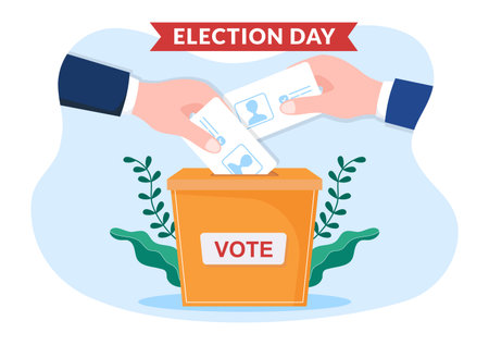 Election Day Political Hand Drawn Cartoon Flat Illustration with Voters Casting Ballots at Polling Place in United States Suitable for Poster or Campaignのイラスト素材