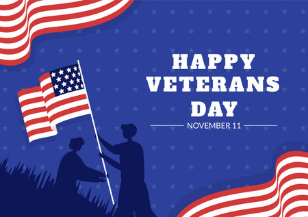 Veterans Day on November 11 Template Hand Drawn Cartoon Flat Illustration with USA Flag and Army to Honoring All Who Servedのイラスト素材