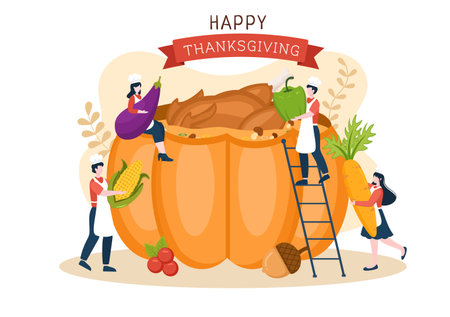 Happy Thanksgiving Celebration Template Hand Drawn Cartoon Flat Illustration with Turkey, Leaves, Chicken or Pumpkin Designのイラスト素材