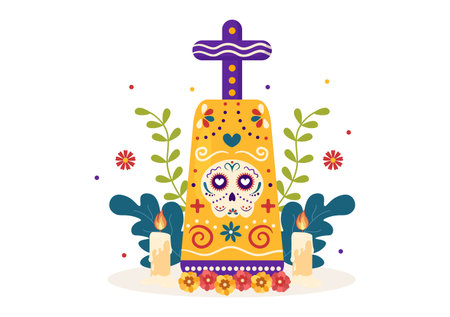 Dia De Los Muertos or Day of the Dead Template Hand Drawn Cartoon Flat Illustration Mexican Holiday Festival with Tattoo Skulls, Maracas and Sombreroのイラスト素材