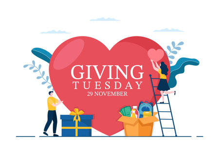 Happy Giving Tuesday Celebration with Give gifts to Encourage People to Donate in Hand Drawn Cartoon Flat Illustrationのイラスト素材