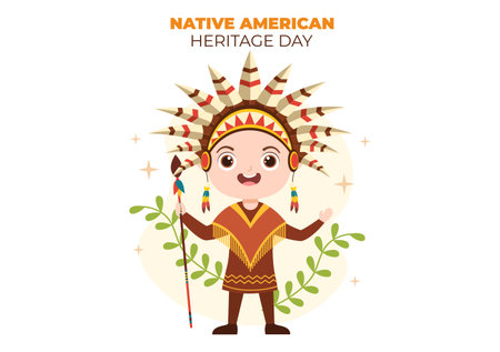 Native American Heritage Day Template Hand Drawn Cartoon Flat Illustration to Recognize the Achievements and Contributions of Tribal Indian Cultureのイラスト素材