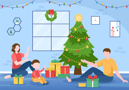 Merry Christmas and Happy New Year Template Hand Drawn Cartoon Flat Background Illustration with with People Celebrating, Snowman and Winter Landscapeのイラスト素材
