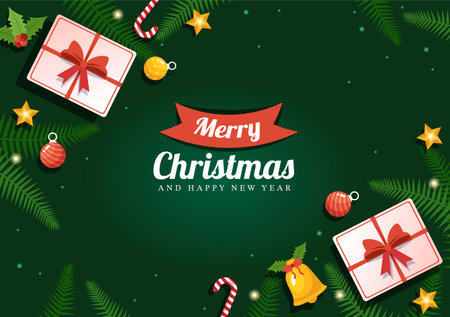 Merry Christmas and Happy New Year Template Hand Drawn Cartoon Flat Background Illustration with Snowflakes, Bells, Tree, Gift and Decorations Designのイラスト素材