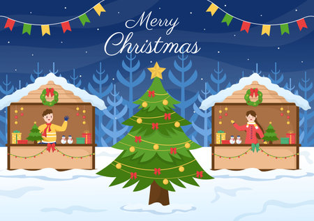 Merry Christmas and Happy New Year Template Hand Drawn Cartoon Flat Background Illustration with with People Celebrating, Snowman and Winter Landscapeのイラスト素材
