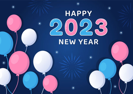 Happy New Year 2023 Celebration Template Hand Drawn Cartoon Flat Background Illustration with Fireworks, Ribbons and Confetti Designのイラスト素材