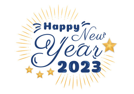 Happy New Year 2023 Celebration Template Hand Drawn Cartoon Flat Background Illustration with Fireworks, Ribbons and Confetti Designのイラスト素材
