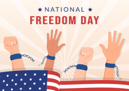 National Freedom Day Template Hand Drawn Cartoon Flat Illustration with American Flag and Hands Breaking a Handcuff Designのイラスト素材
