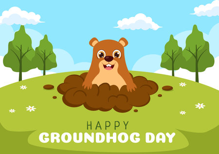 Happy Groundhog Day on February 2 with Cute Marmot Character and Garden Background Template Hand Drawn Cartoon Flat Illustrationのイラスト素材