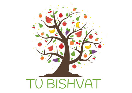 Tu BiShvat Template Hand Drawn Cartoon Flat Illustration Blooming tree with Objects of Seven Species of Fruits on White background Designのイラスト素材