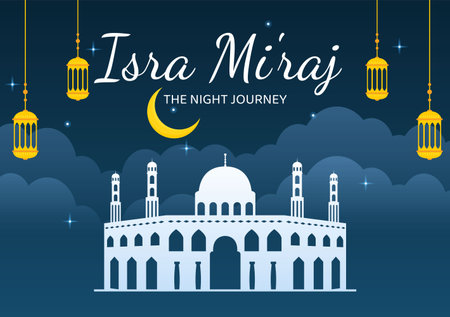 Happy Isra Miraj Nabi Muhammad SAW Template Hand Drawn Cartoon Flat Illustration Suitable for Greeting Card, Poster and Bannerのイラスト素材