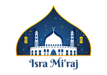 Happy Isra Miraj Nabi Muhammad SAW Template Hand Drawn Cartoon Flat Illustration Suitable for Greeting Card, Poster and Bannerのイラスト素材