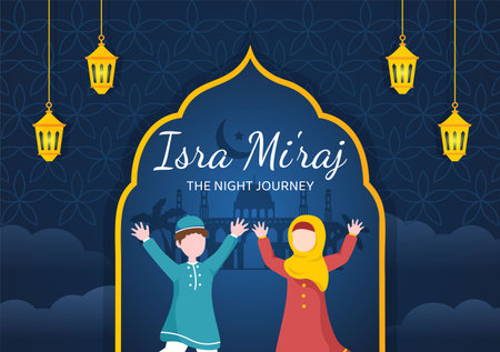 Happy Isra Miraj Nabi Muhammad SAW Template Hand Drawn Cartoon Flat Illustration Suitable for Greeting Card, Poster and Bannerのイラスト素材