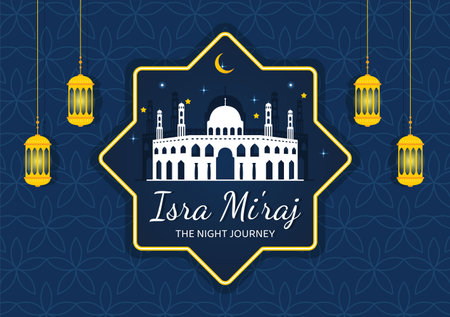 Happy Isra Miraj Nabi Muhammad SAW Template Hand Drawn Cartoon Flat Illustration Suitable for Greeting Card, Poster and Bannerのイラスト素材